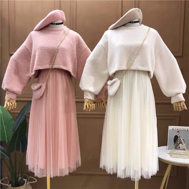 Set váy thu đông Xì tai bánh bèo
