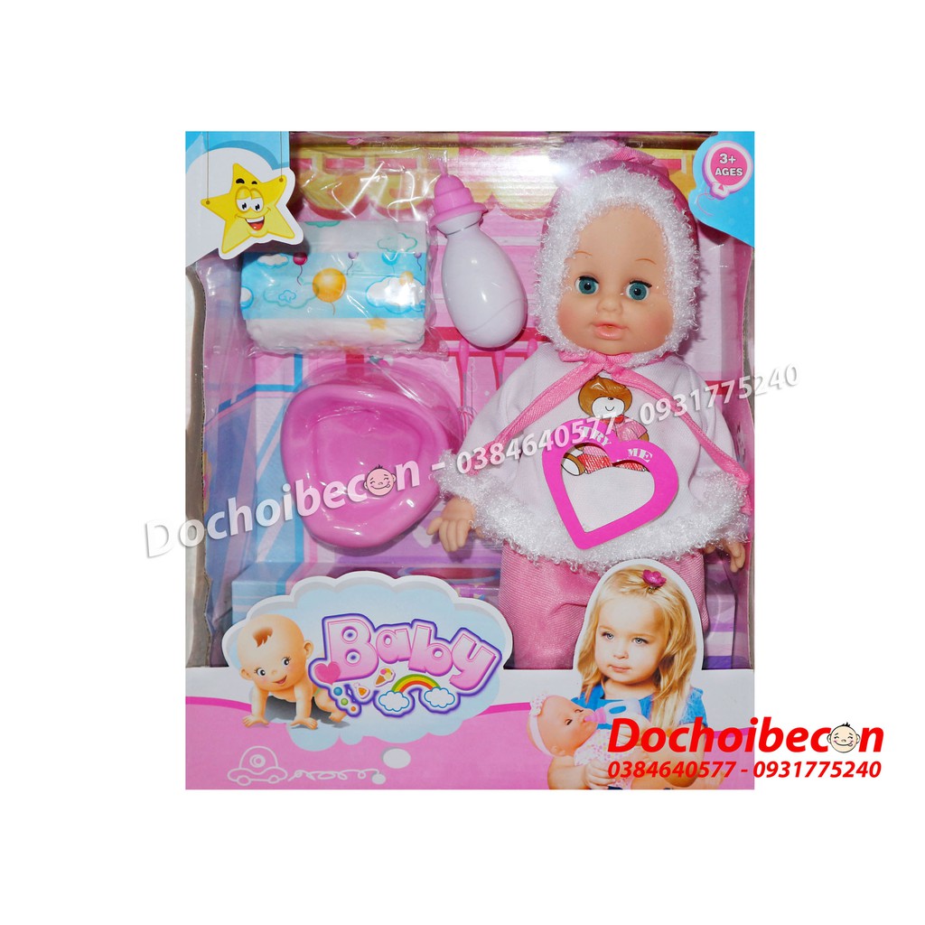 Búp bê Baby Doll 3099 Đội nón - Mắt chớp - Dùng pin, có âm thanh, uống nước, đi vệ sinh