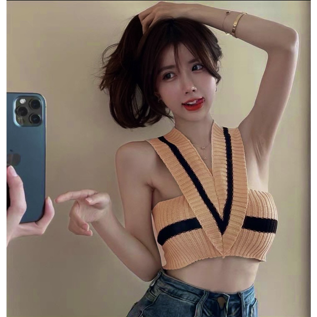 Áo 2 dây kiểu yếm chữ V gân tăm form croptop ôm body alohashop91