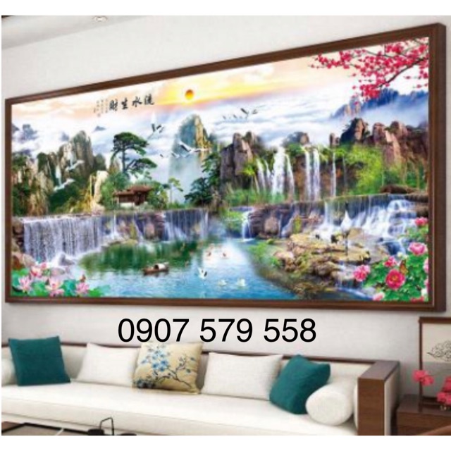 CHỈ LỤA THÊU KÍN - Tranh thêu chữ thập Lưu thủy sinh tài CHƯA THÊU