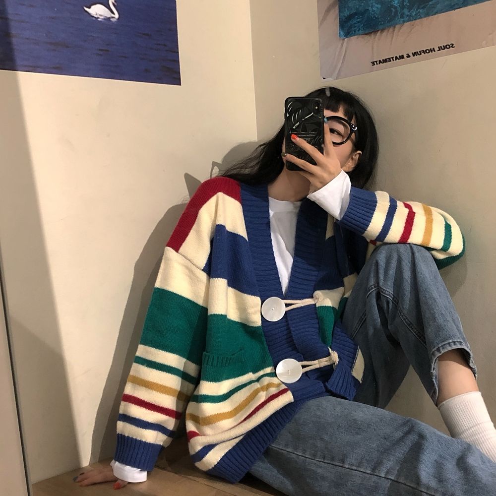 Mới Áo khoác Cardigan dệt kim dáng rộng phong cách Hàn Quốc