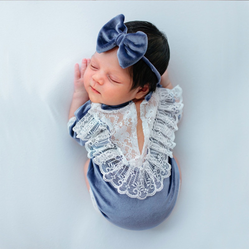 Bộ Áo Liền Quần Phối Ren + Dây Buộc Tóc / Ảnh Cho Bé Sơ Sinh
