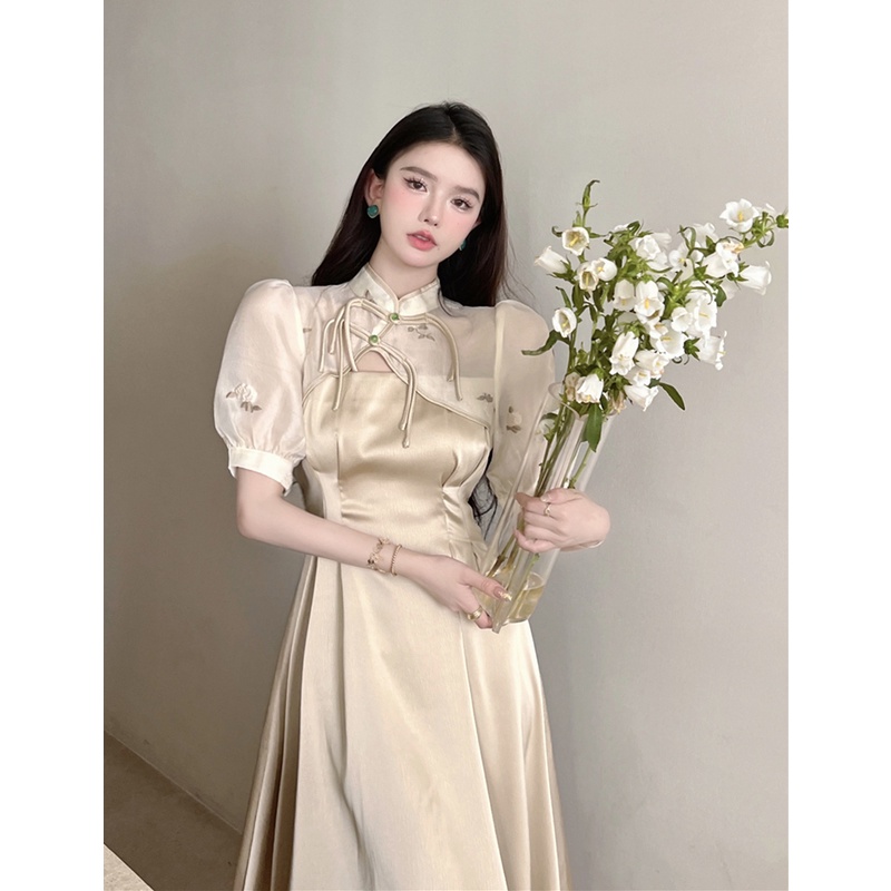 Jane Đầm cách tân sườn xám dự tiệc hiện đại màu nâu Pastel sang trọng ẢNH THẬT CUỐI