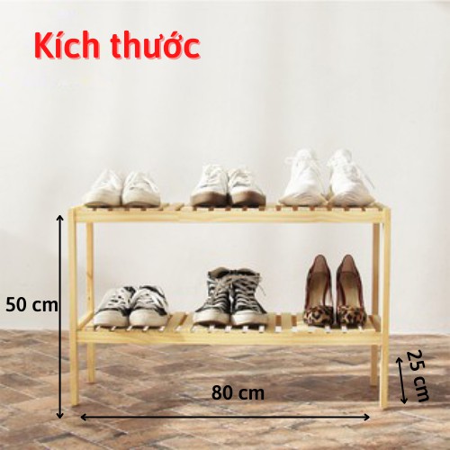 Kệ Dép 2 Tầng Gỗ Thông Cao Cấp - Chắc Chắn, Dễ Dàng Lắp Ráp - Kích Thước: 80x26x50cm