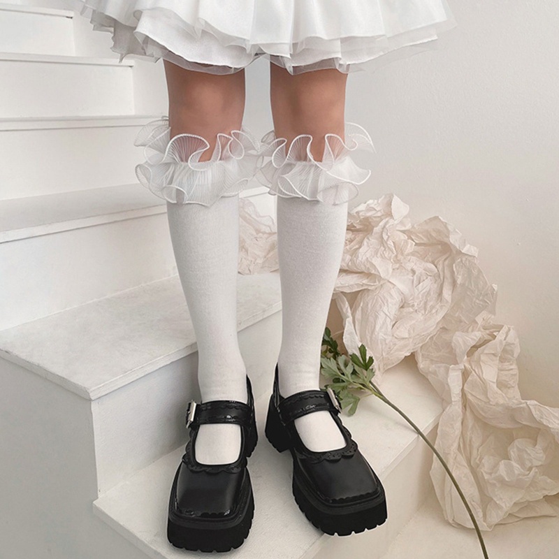 Xiangbao Vớ Cotton Cao Đến Đầu Gối Phối Ren Viền Diềm Xếp Nếp Phong Cách Vintage Pháp Cho Nữ