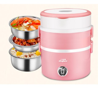 Hộp hâm nóng cơm văn phòng 3 ngăn inox PlayBear Hồng