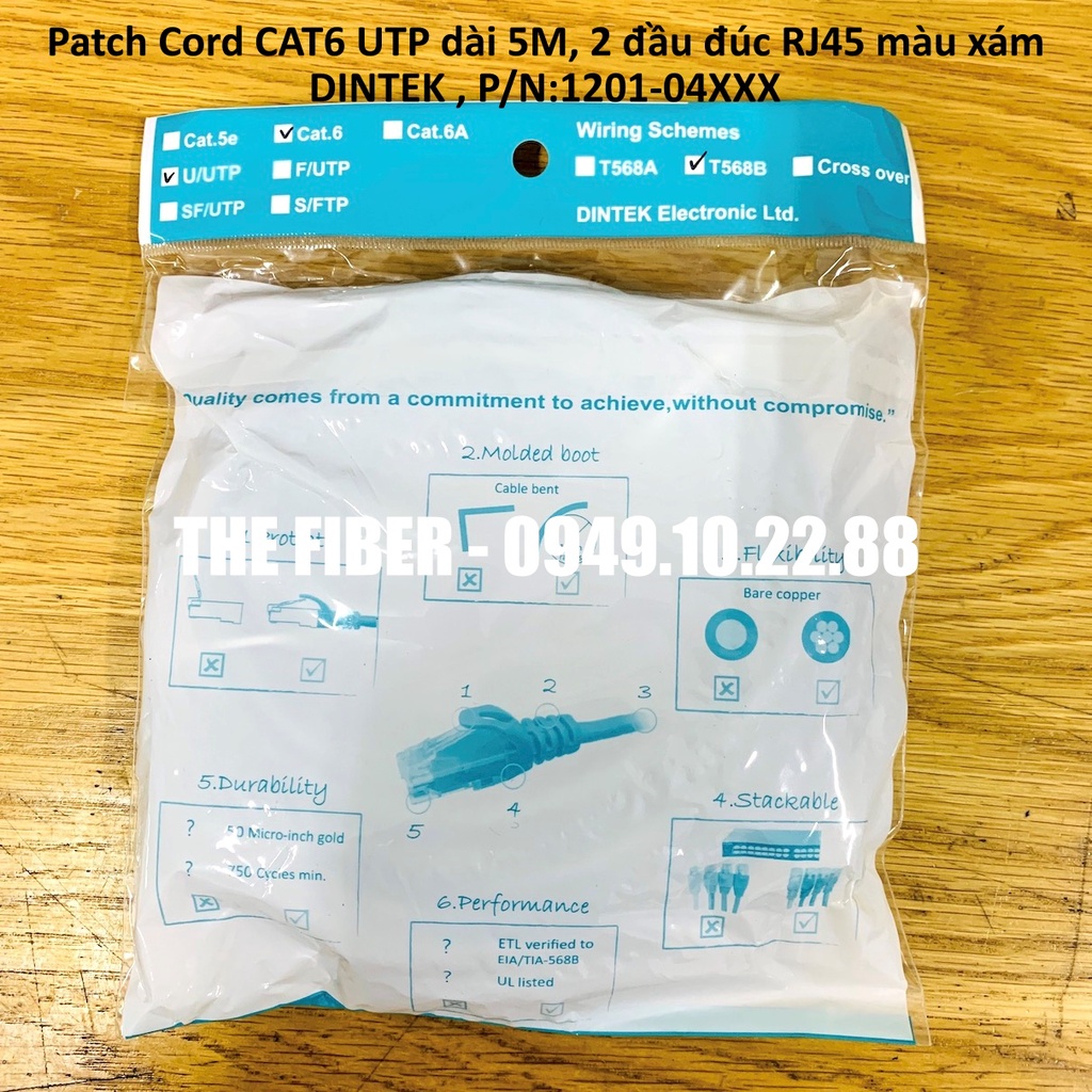 Patch Cord CAT6 UTP dài 5M, 2 đầu đúc RJ45 màu xám - DINTEK , P/N:1201-04XXX