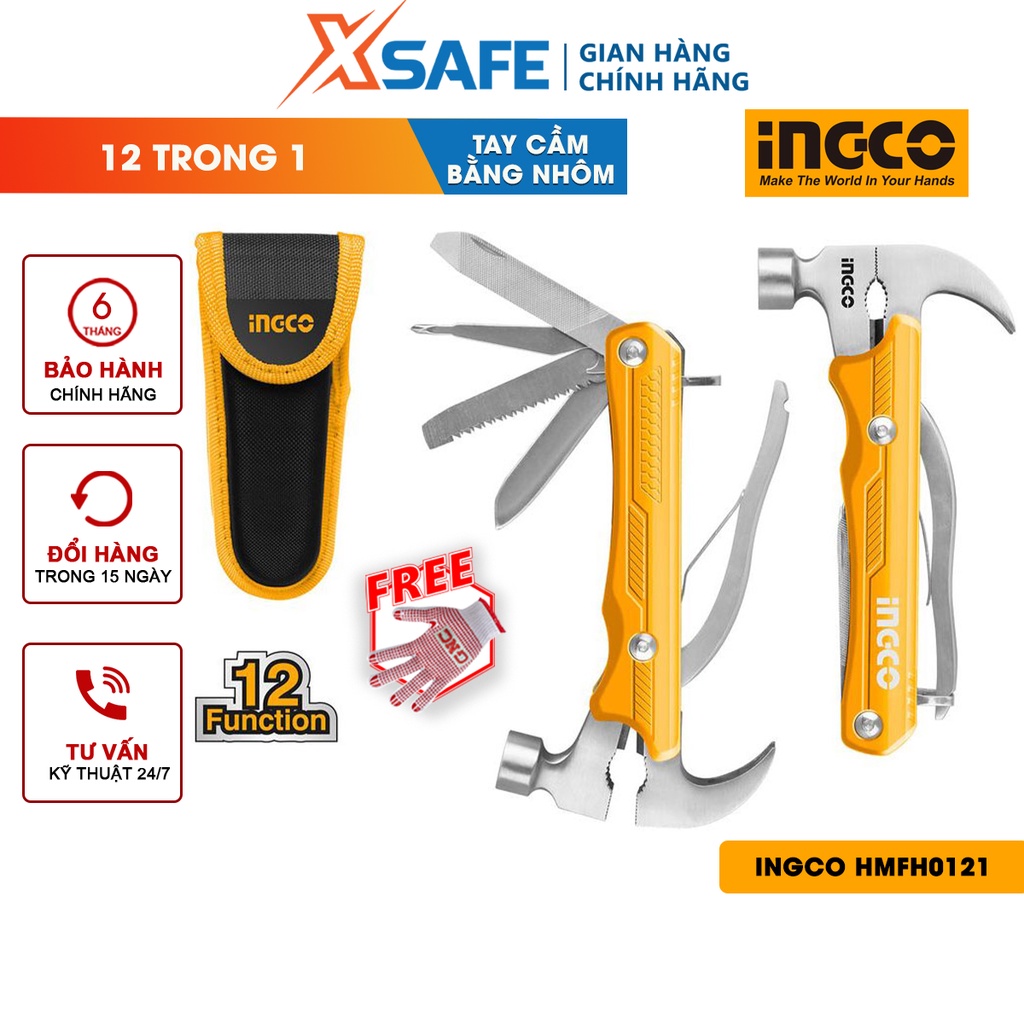 Búa đa năng INGCO HMFH0121 12 trong 1 gồm búa, kềm, dao, cưa, móc khóe, tua vít, giũa, lục gác