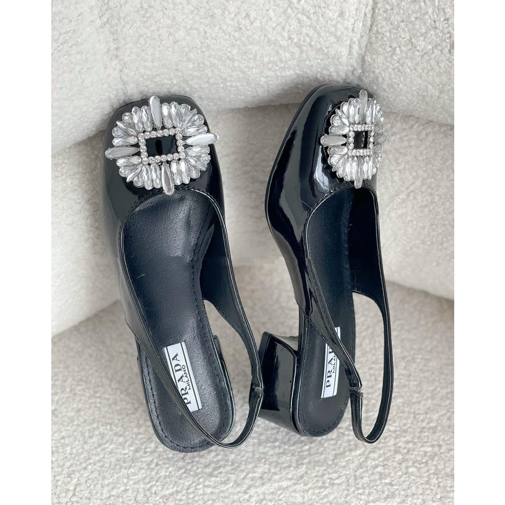 Giày cao gót nữ 3cm mũi vuông quai kiểu dáng slingback, đá sáng da mềm êm đi chơi siêu xinh