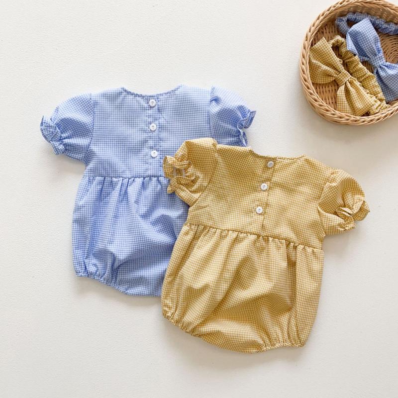 Đồ kẻ sọc ca rô ngắn tay kèm băng đô cài tóc cho thời trang mùa hè cho trẻ em