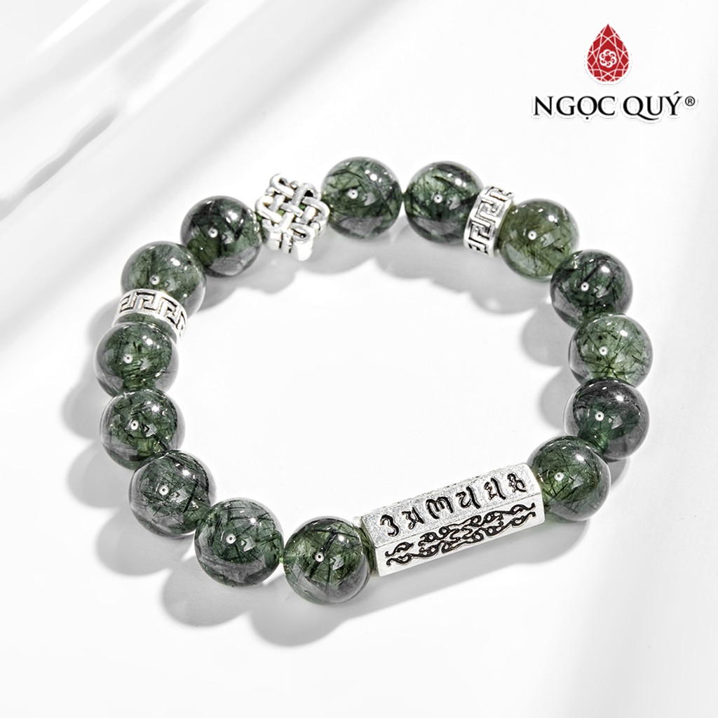 Vòng tay đá TA tóc xanh phối charm kết đồng tâm bạc 925 hạt 12mm - Ngọc Quý