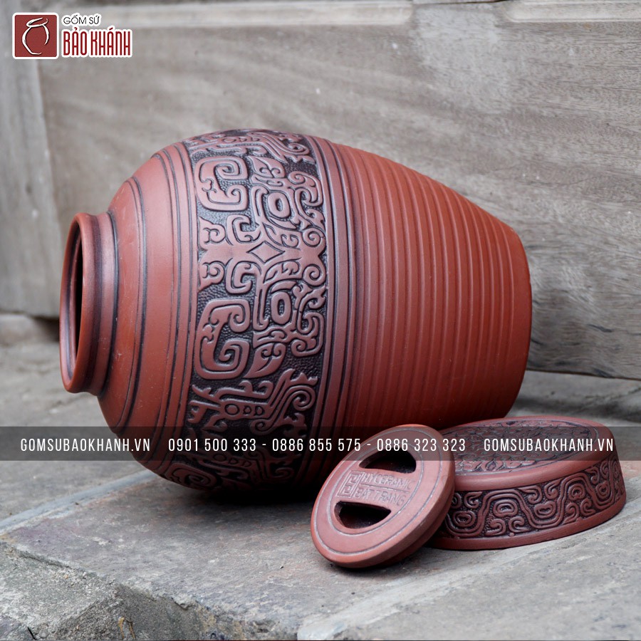 Chum sành 5 lít đắp nổi hoa văn cổ gốm sứ Bảo Khánh Bát Tràng