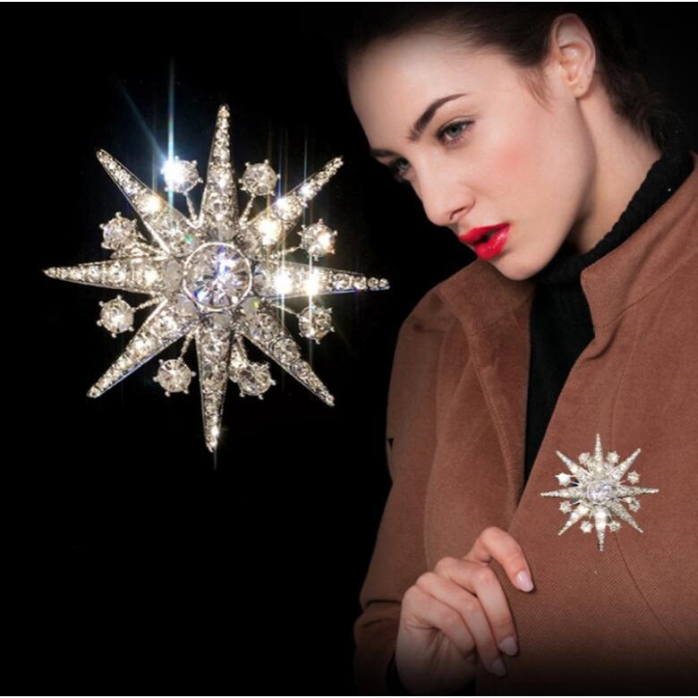 Ghim Cài Khăn Choàng Lụa Hình Bông Tuyết Ngôi Sao Bát Giác Màu Vàng Kim Phong Cách Dongdaemun Corsage Cá Tính Dễ