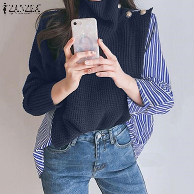 Áo kiểu ZANZEA cổ lọ phối họa tiết kẻ sọc thời trang cho nữ