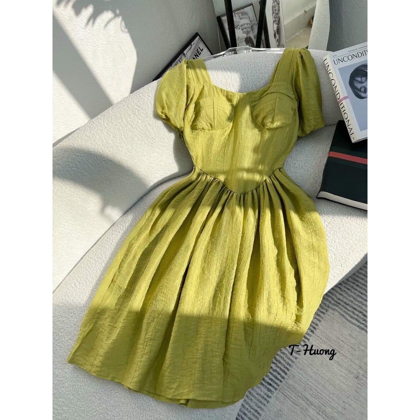 Váy thiết kế nữ tay bồng chất đũi hàng 2 lớp có cúp ngực tiểu thư bánh bèo siêu xinhI Trần Hân Shop 3007458