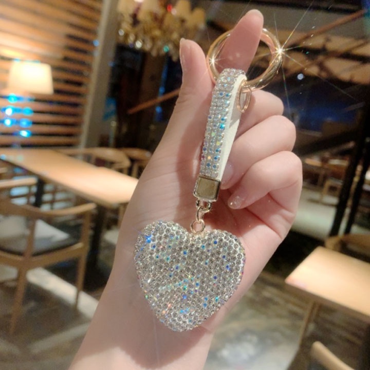 Móc Khóa Hình Trái Tim Đính Đá Cho  Khóa Ô Tô, túi xách, balo dây da đính đá lấp lánh, phụ kiện túi xách
