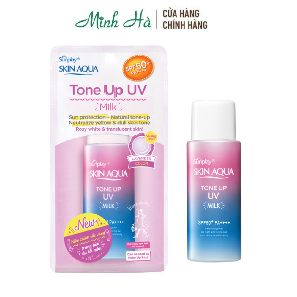 Kem chống nắng Skin Aqua Sunplay Tone Up Milk Rosy White &amp; Translucent Lavebder 50g giúp che phủ tự nhiên, nâng tông da