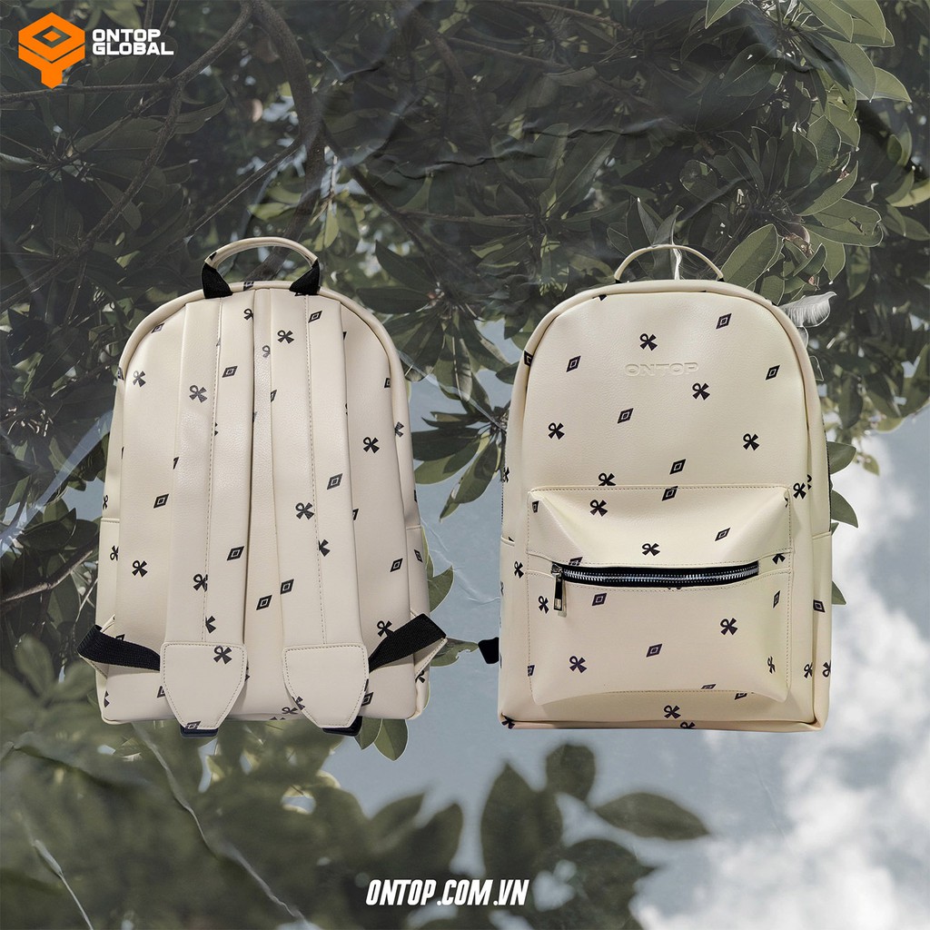 Balo nữ đi học thời trang ONTOP màu kem, có họa tiết, nhiều ngăn - Level Backpack