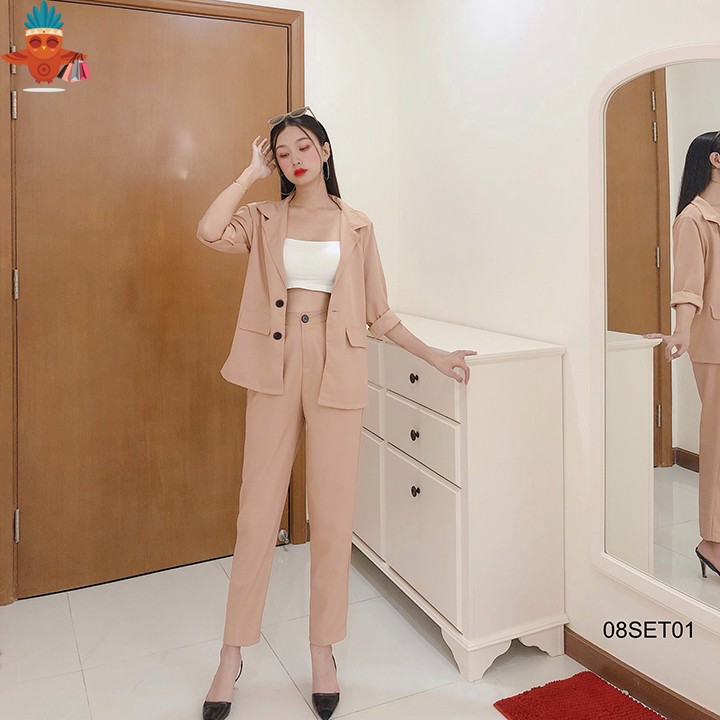 Set áo khoác vest túi nấp phối quần baggy nude trơn THOCA HOUSE lịch sự phù hợp đi làm công sở freesize dưới 56kg