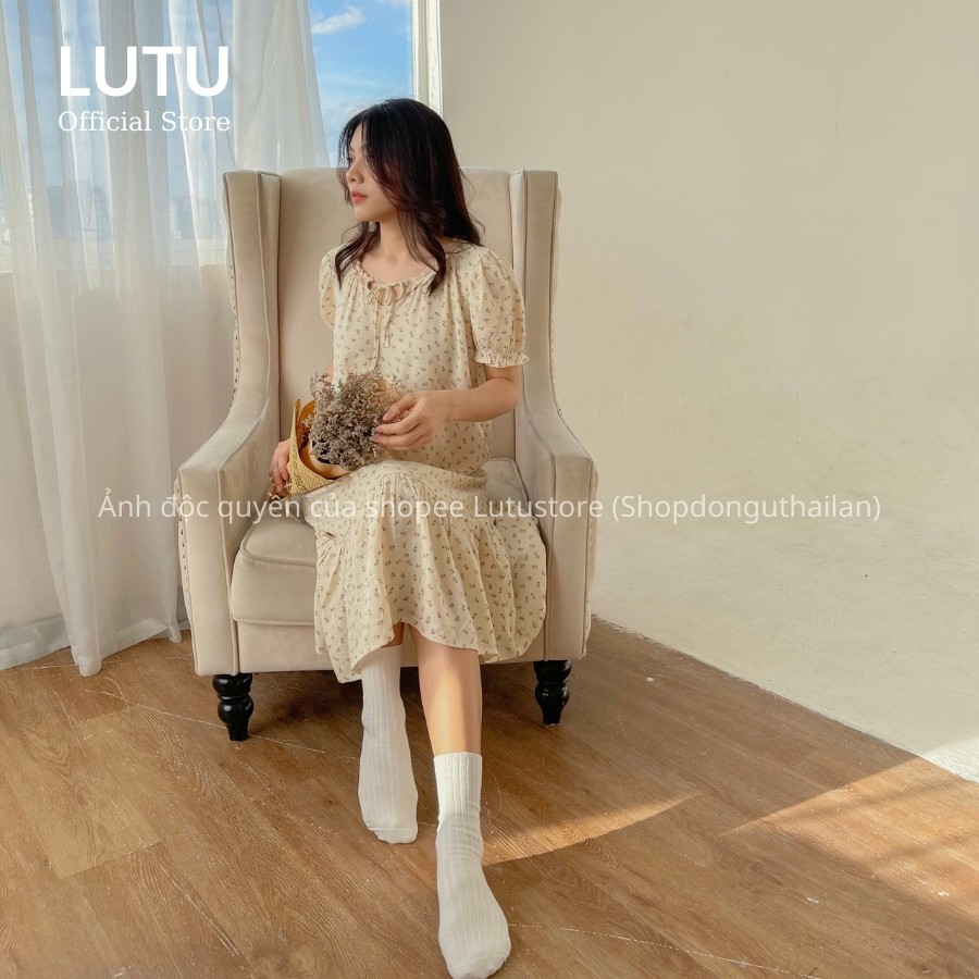 Đầm Váy Hoa Nhí Tơ Đũi Tay Ngắn Cổ Bèo Nơ Vintage Siêu Xinh