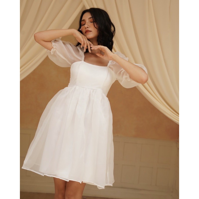 Đầm Dự Tiệc Vania Dress Thiết Kế Voan Kính Tay Bồng Cổ Vuông CaoCaobycaochen 4 Màu Trắng Vàng Hồng Xanh Có Bigsize