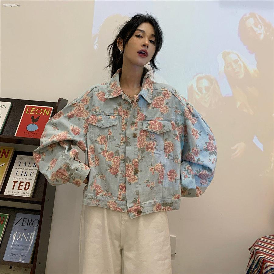 Honypove Áo khoác denim in hình hoa hồng/ Áo không tay phong cách retro thời trang mùa thu mẫu mới 2021