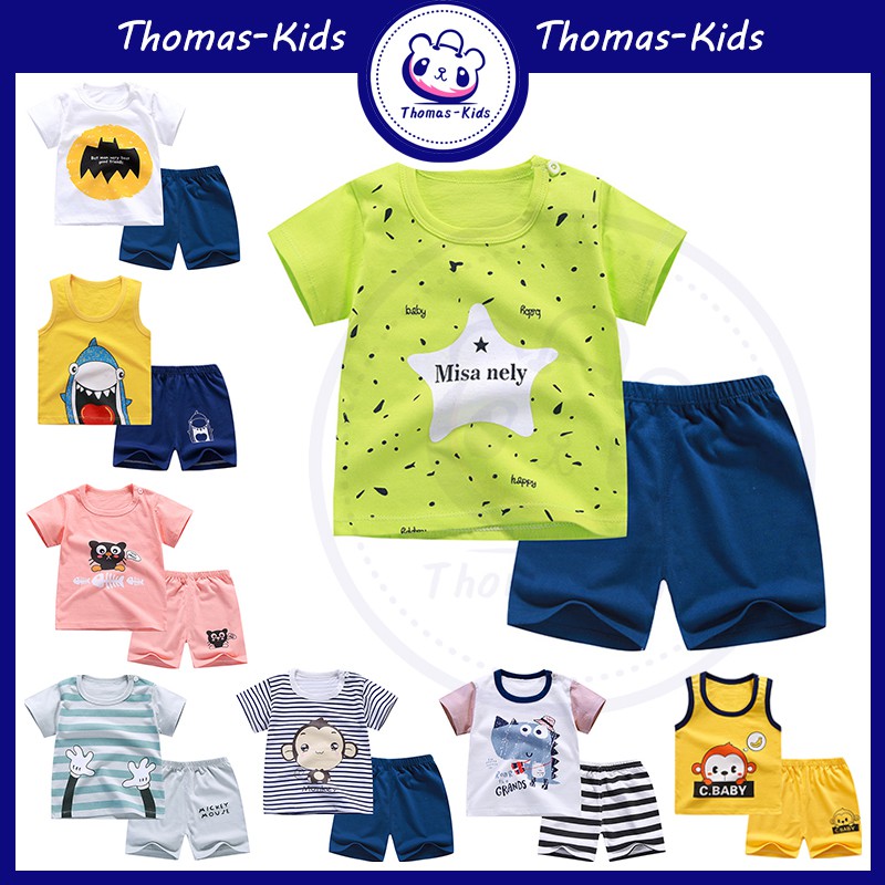 Set Đồ 2 Món Gồm Áo Sơ Mi Sát Nách In Họa Tiết Động Vật Hoạt Hình + Quần Cotton Trơn Cho Bé Trai + Gái 1-5 Tuổi