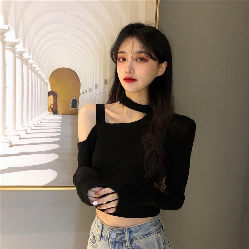 Áo thun SUXI tay dài trễ vai màu đen quyến rũ thời trang mùa thu cho nữ