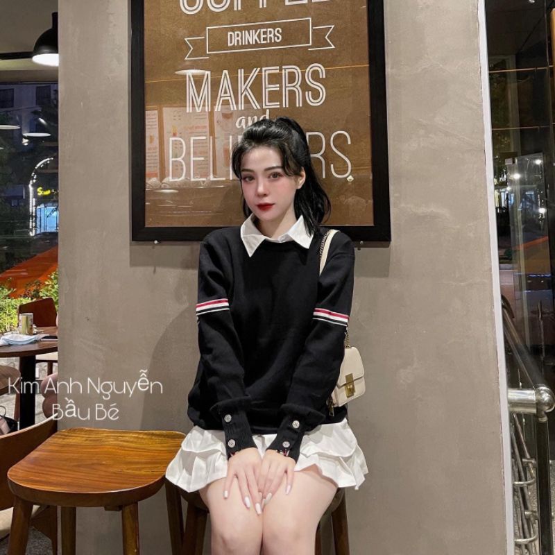 Áo len sọc tay phối sơ mi cực xinh❤️❤️Chất len tăm ấm áp, dễ thương.