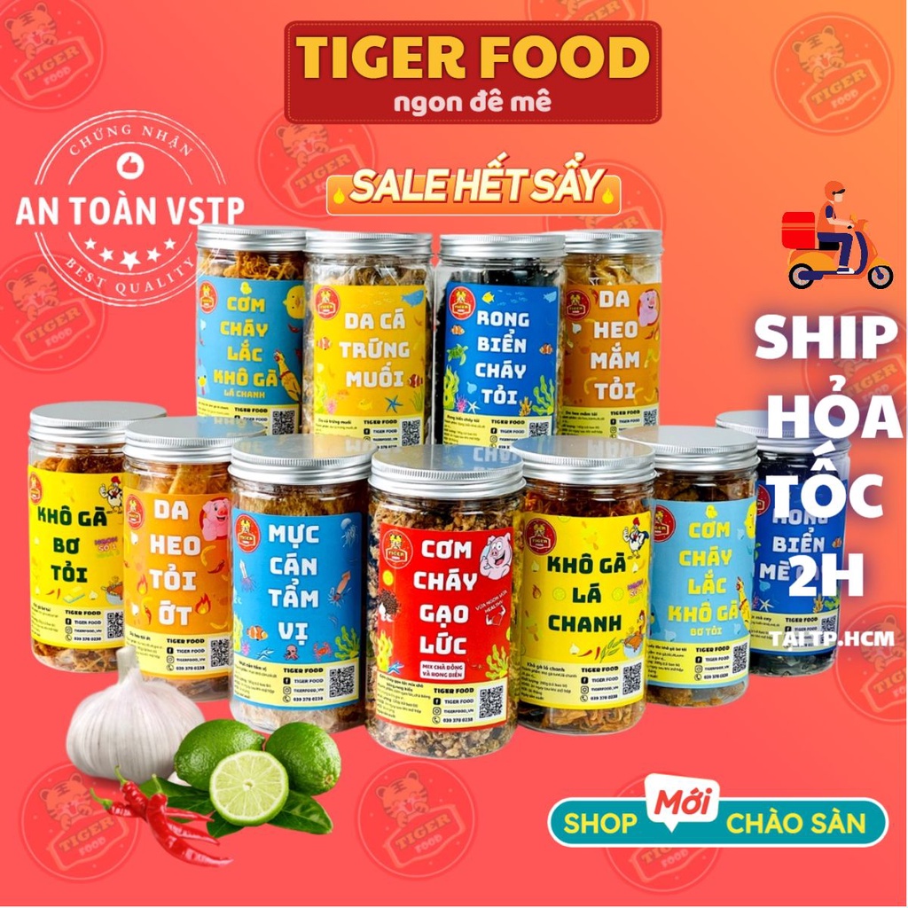Đồ ăn vặt 12 món SIÊU NGON 💖TIGER FOOD💖 Món ăn vặt đóng lon khô gà - mực cán - rong biển- da heo - cơm cháy - bánh gấu