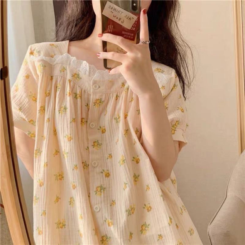 Váy ngủ 2 màu hoa vải xô muslin VN008 tiểu thư