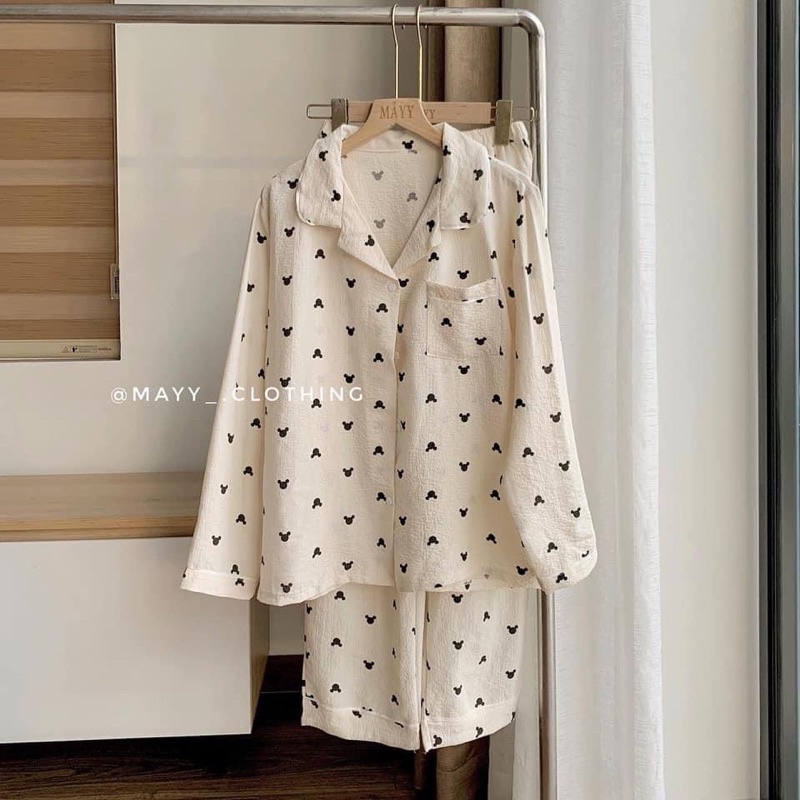 Bộ pijama mặc nhà hoạ tiết hình dễ thương chất đũi xốp áo dài quần dài thu đông