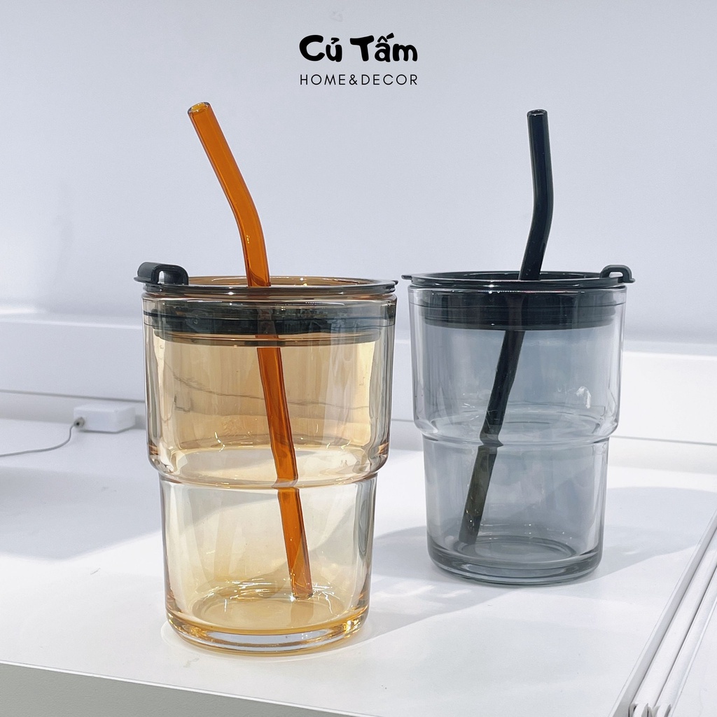 Ly thủy tinh, cốc thủy tinh đai da kèm ống hút và nắp đậy kín phong cách Bắc Âu size to