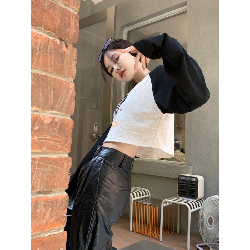 Áo thun dáng lửng tay dài phong cách retro cổ điển dành cho nữ