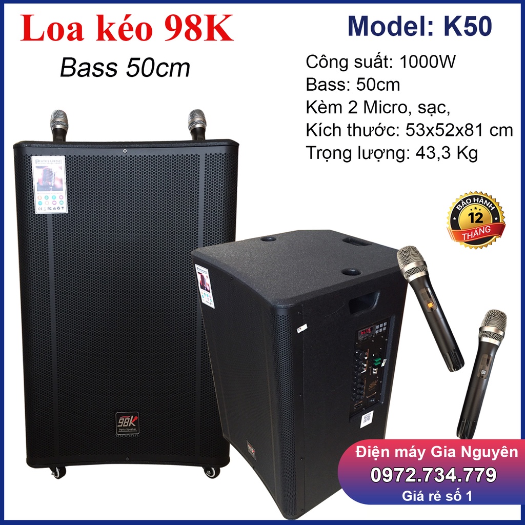 Loa kéo 98K K50 Bass 50 kèm 2 micro, chất ấm, micro đem lại âm thanh sáng trong. Bảo hành 12 tháng