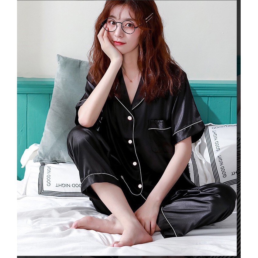 Bộ Lụa Mặc Nhà Nữ Trơn Cộc Tay Quần Dài Chất Lụa Siêu Mềm  T12