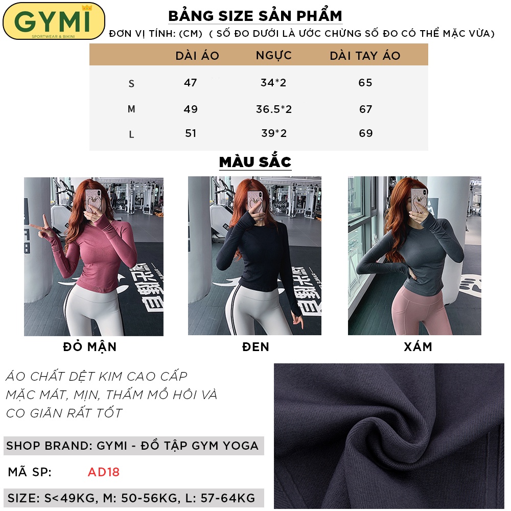 Áo tập gym yoga nữ dài tay GYMI AD18 dáng lửng thể thao logo C'mon Gymicon in sau lưng chất dệt cao cấp