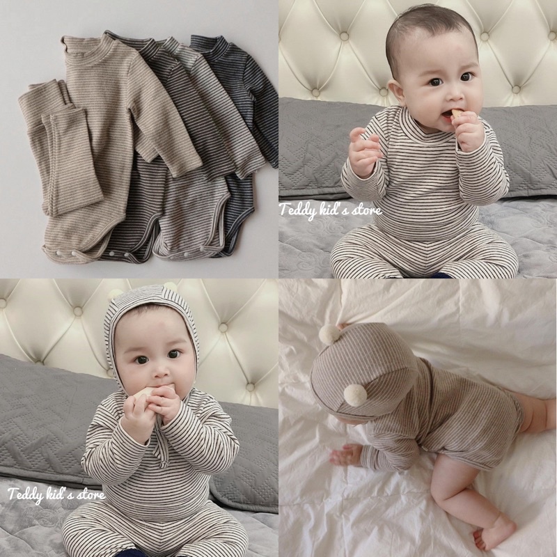 Bộ kẻ kèm mũ quả bông cute cho bé