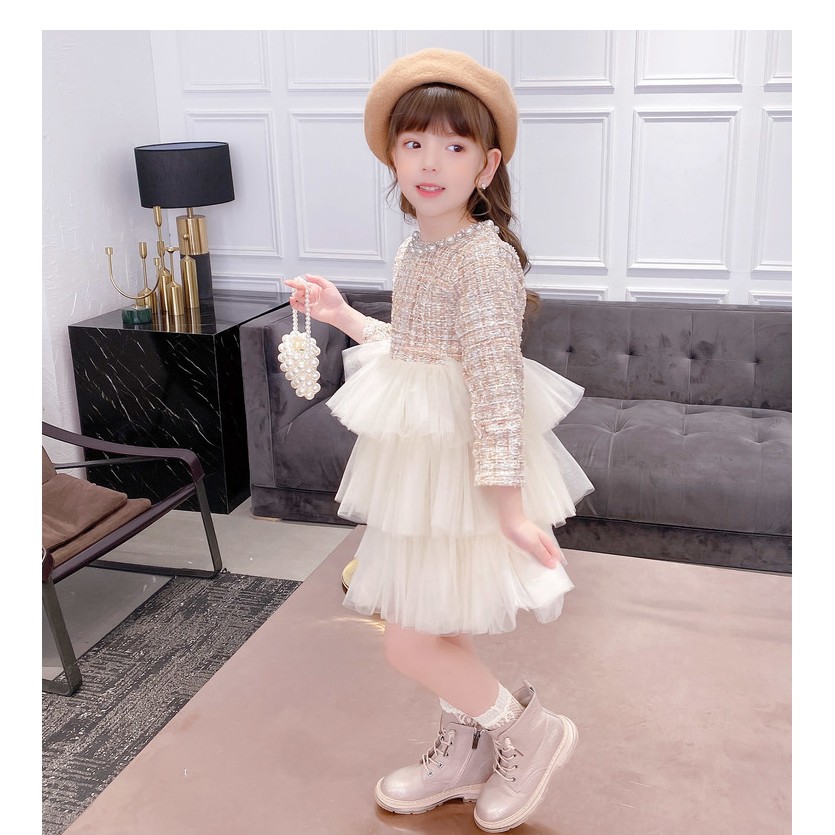 Váy công chúa cho bé gái 3-8 tuổi dạ phối ren hãng Tong Yan, Đầm dạ trẻ em