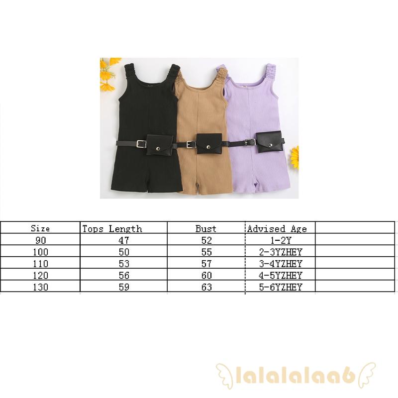 LAA6-Girl´s Jumpsuit Set, Wide Strap Sleeveless Ribbed Short Playsuit + Waist Bag