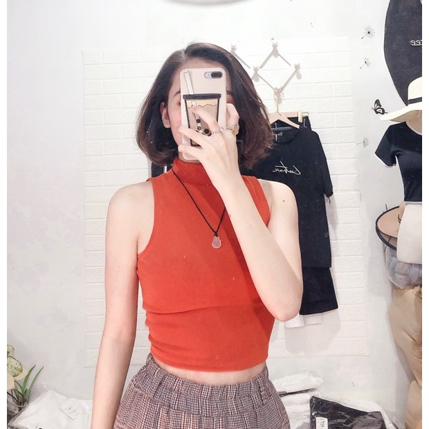 Áo Croptop Thun Gân Nữ 3 Lỗ Kiểu Trơn Sát Nách Cổ Lọ, Cổ Cao Không Tay Dáng Ôm Body