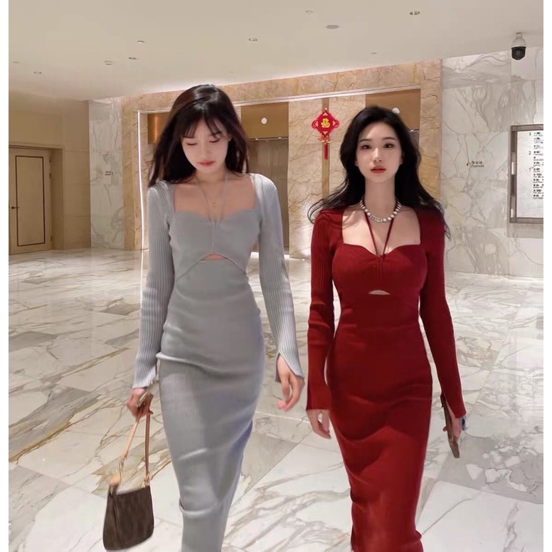 Váy len body đầm ôm sát có dây buộc cổ sexy quyến rũ hot tiktok