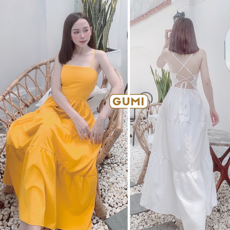 Đầm maxi dài 2 dây đi biển có mút ngực hở lưng đan dây cao cấp - Váy maxi 2 dây hở lưng đi biển xinh đẹp GM2100