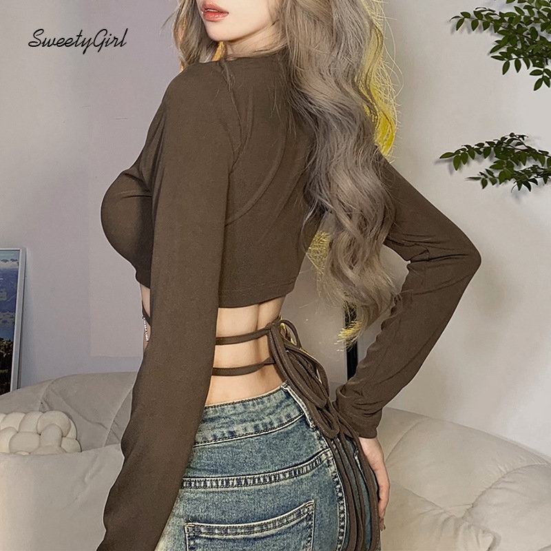 Áo Thun Tay Dài Cổ Chữ V Khoét Sâu Eo Thấp Màu Trơn Thời Trang 2022 Quyến Rũ Dành Cho Nữ