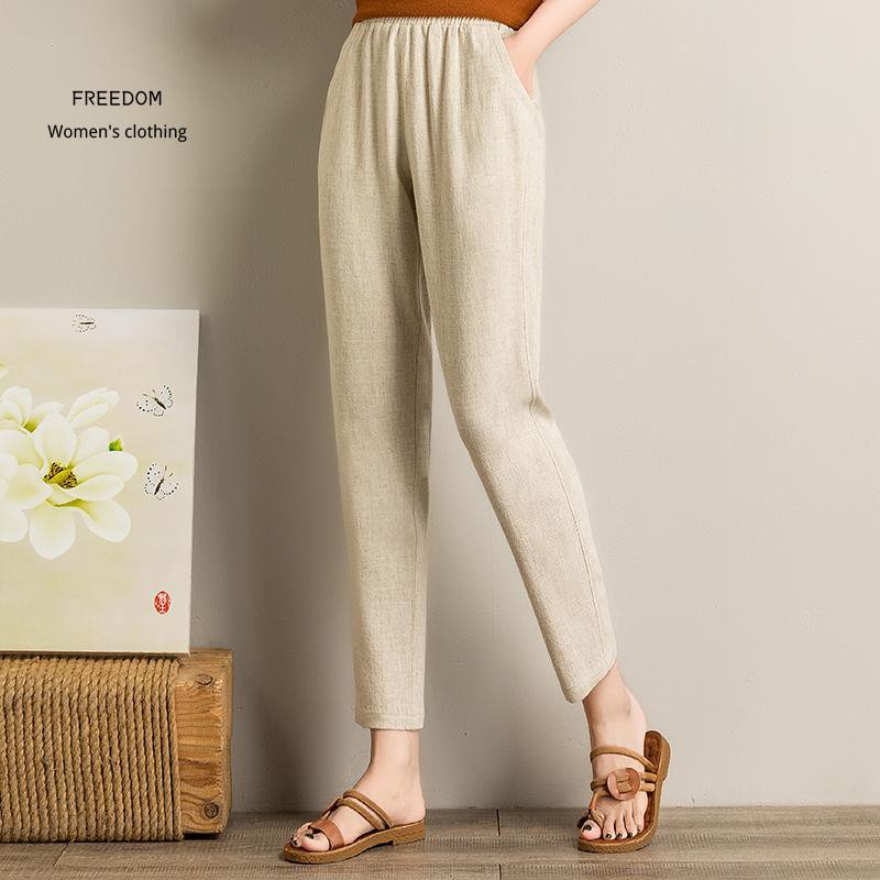 freedom  Quần nữ thun cotton và vải lanh âu nghệ thuật 2021 mới mùa hè cộng với kích thước mỏng chín điểm củ cải