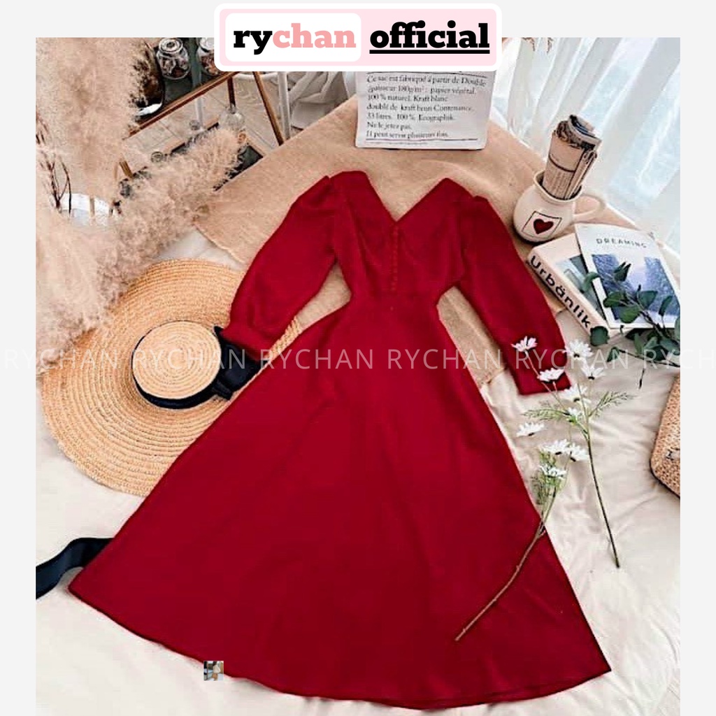 Đầm Xòe Midi Đỏ Cổ Thủy Thủ Nút Bọc Sang Trọng [Ảnh Thật Cuối] - DX0105