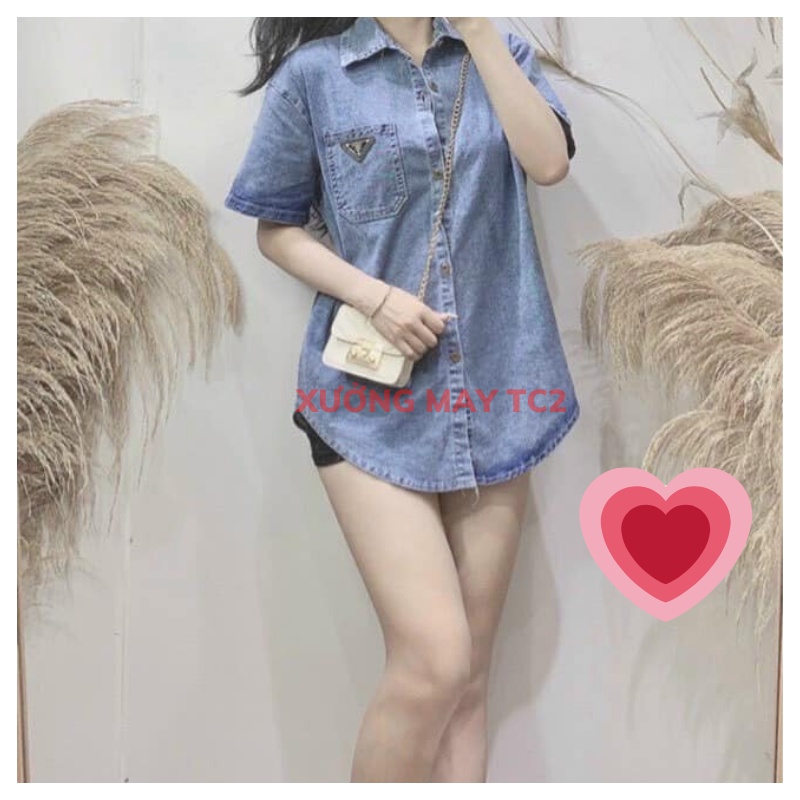 Áo sơ mi jean MẶT LOGO from rộng- áo bò demin ngắn tay phong cách ulzzang hàn quốc XƯỞNGMAYTC2