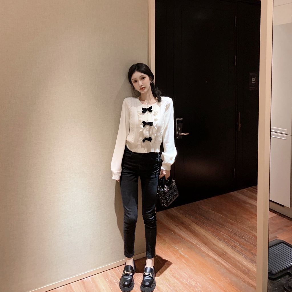 Áo sweater ZHELIHANGFEI dệt kim phối nơ màu đen phong cách phương tây dễ phối đồ dành cho nữ