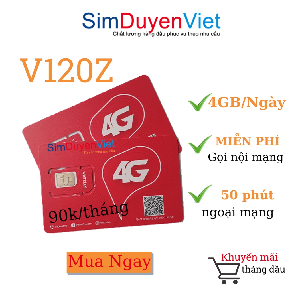 Sim Viettel số đẹp giá rẻ đăng ký được 4GB/Ngày gọi điện miễn phí V120N, V120Z