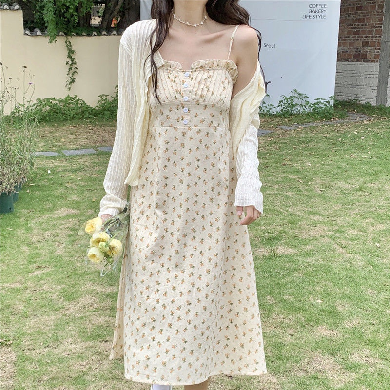 Set Đầm Hoa Sát Nách Và Áo Khoác Cardigan Chống Nắng Cho Nữ
